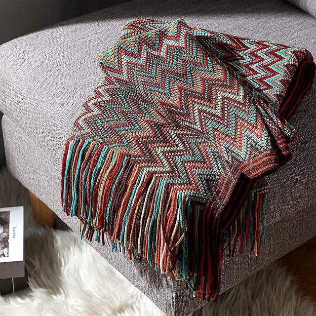 LIFEIN Boho Throw Blanket Stripe Jacquard Knit Woven Blanket, 50x60 Inch -Soft Cozy Textured Decorative Acrylic Blanket with Tassels for Bed, Sofa, Chair, Travel - All Seasons Suitable (Boho red)