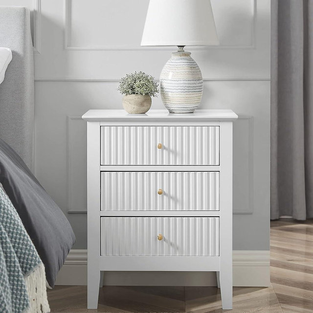 OCANDO White Bed Side Table with 3 Drawers 19" W, Bedroom Nightstand 24" H,Vintage Modern Night Stand,Living Room Fluted End Bedside Tables