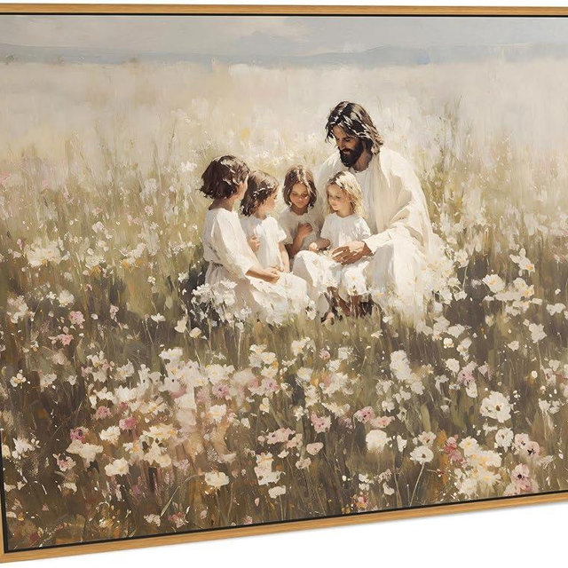 Framed Jesus With Children Wall Art Christian Kids Room Poster Print Jesus Teaching Children Wall Decor Picture for Living Room Bedroom Prayer Room Decoration Ready To Hang
