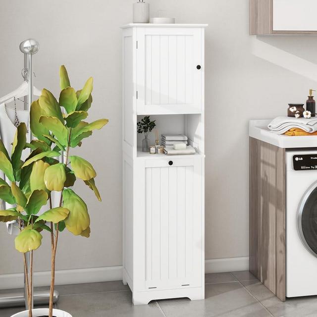 Locsear Tilt Out Laundry Hamper Cabinet, 55" Tall Bathroom Storage Cabinet Laundry Cabinet with Shelves and Clothes Basket, Hamper Cabinet Shelf for Laundry Room Bathroom Organizer, White