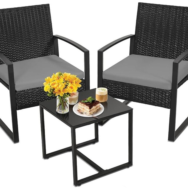 Murago 3 Pieces Wicker Patio Bistro Sets, Rattan Conversation Set with Coffee Table, for Balcony, Porch, Garden, Yard, Poolside, Black Frame with Grey Cushion