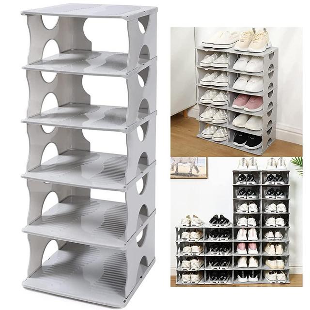 TXALWIQ 6-Tier Shoe Rack,Stackable Shoe Storage Organizer for Bedroom Entryway, Adjustable Shoe Rack,Shoe Slots Organizer Shelf, Easy Clean Shoe Tower Rack,Grey