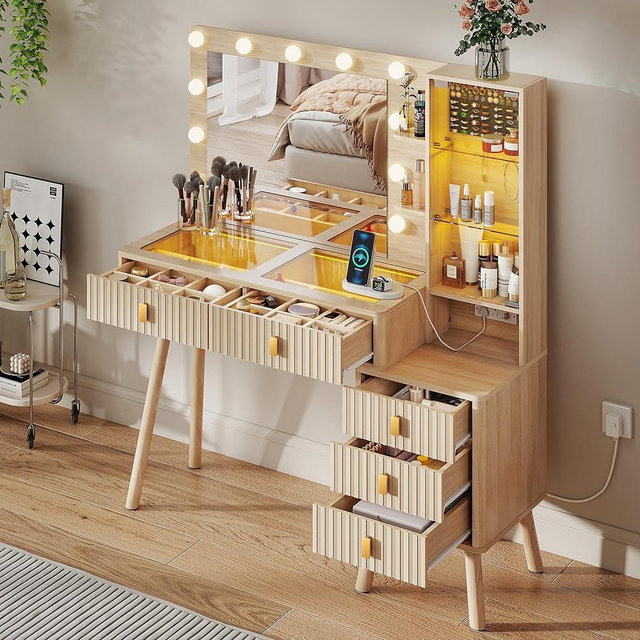 GOODONE 48" Fluted Dressing Table with Large 25" Mirror Bulb Lights, Glass Top Makeup Vanity Desk with 5 Drawers Display Cabinet Furniture Clearance Outlet for Bedroom,48*15.7*53.9 in(Natural Oak)