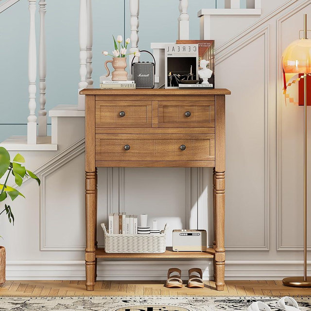 LUMISOL Slim Entry Console Table with 3 Storage Drawers and Open Shelf, Solid Wood Narrow Sofa Couch Table for Living Room Hallway Foyer, 23.7" W x 13" D x 31.4" H, Natural
