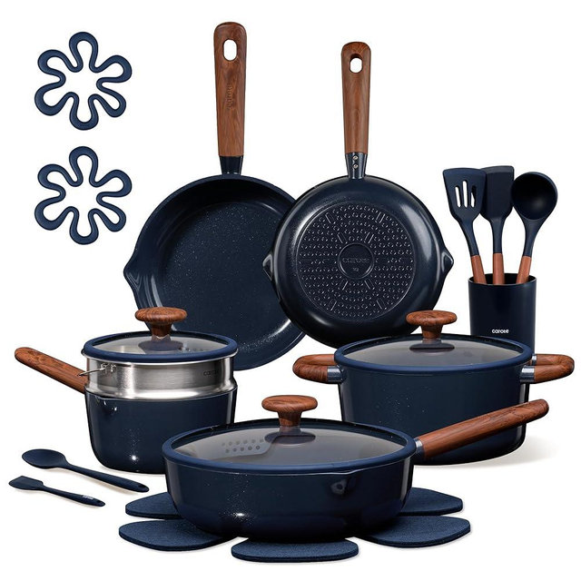 CAROTE 21pcs Cookware Set Nonstick Pots and Pans Set, Ceramic Cookware Set Induction Cookware, Non toxic Healthy Non Stick Kitchen Cooking Set, PFAS PTFE Free, Black