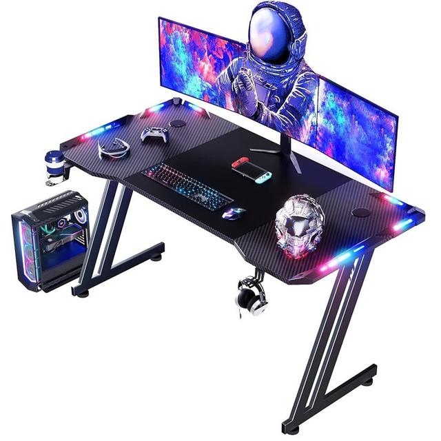 HLDIRECT 47 Inch Gaming Desk with LED Lights Carbon Fibre Surface Gaming Table Large Computer Desk Ergonomic Home Office Desks Z Shaped PC Gamer Workstations with Cup Holder & Headphone Hook