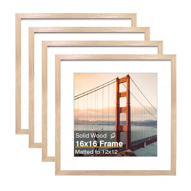 KINLINK 16x16 Picture Frame, Natural Square Solid Wood Frames for Pictures 12x12 with Mat or 16x16 without Mat, Wall Display Photo Frames Natural Wood 4 Pack