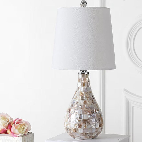 JONATHAN Y 20.5" Seashell Coastal Mini LED Table Lamp for Living Room Office, White Linen Drum Shade, Modern Mother of Pearl Bedside Nightstand Lamp, LED Bulb Included JYL1024A