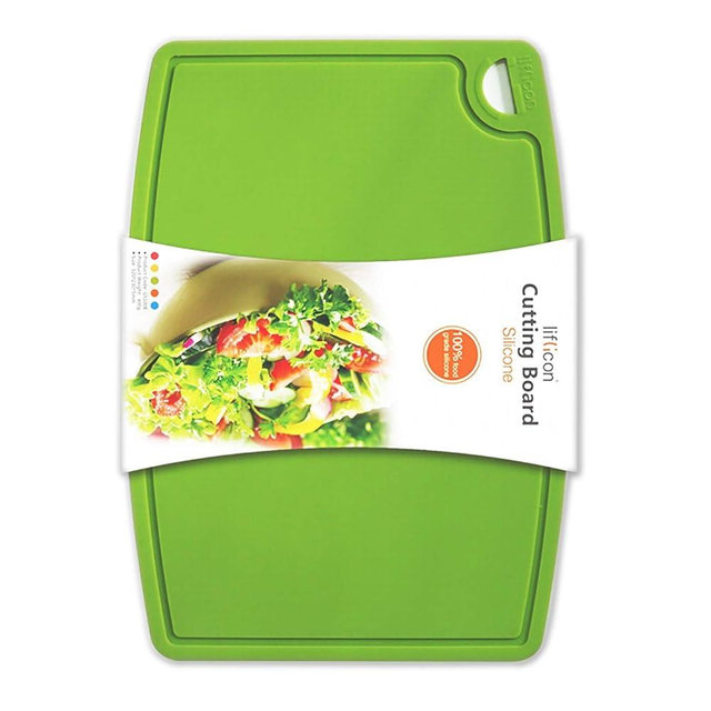 Liflicon Thick Silicone Cutting Board 12.6'' x 9.1'' Juice Grooves Easy Grip Handle Dishwasher Safe-Green