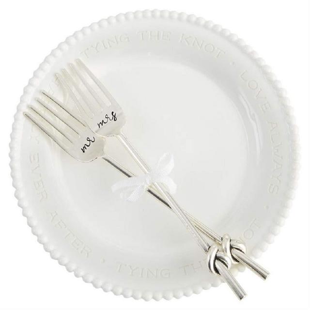 Mr. & Mrs. Beaded Cake Plate Set, Plate 8" Diameter, Fork 8".
