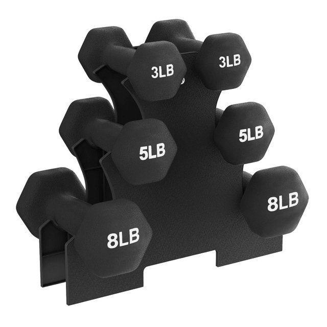 BalanceFrom Fitness 32 Pound Neoprene Coated Cast Iron Dumbbell Exercise Workout Set with Stand, 3 Pairs of 3, 5, and 8 Pound Weights, Black