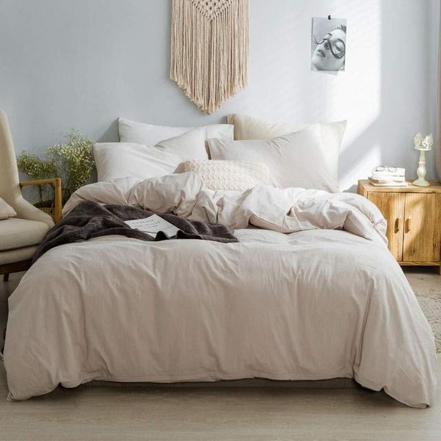 100% Washed Cotton Duvet Cover King 3 Pieces Bedding Sets Comforter Cover King Size, 1 Duvet Cover and 2 Pillowcases, Simple Solid Design, Super Soft and Easy Care (Full/Queen, Light Coffee)