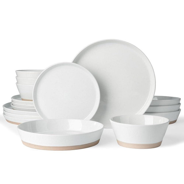 Famiware Saturn 16 Pieces Plates and Double Bowls Sets for 4, Stoneware Dinnerware Set with Pasta Bowl, Dish Set with Trim - Chip & Scratch Resistant, Microwave & Dishwasher Safe, White