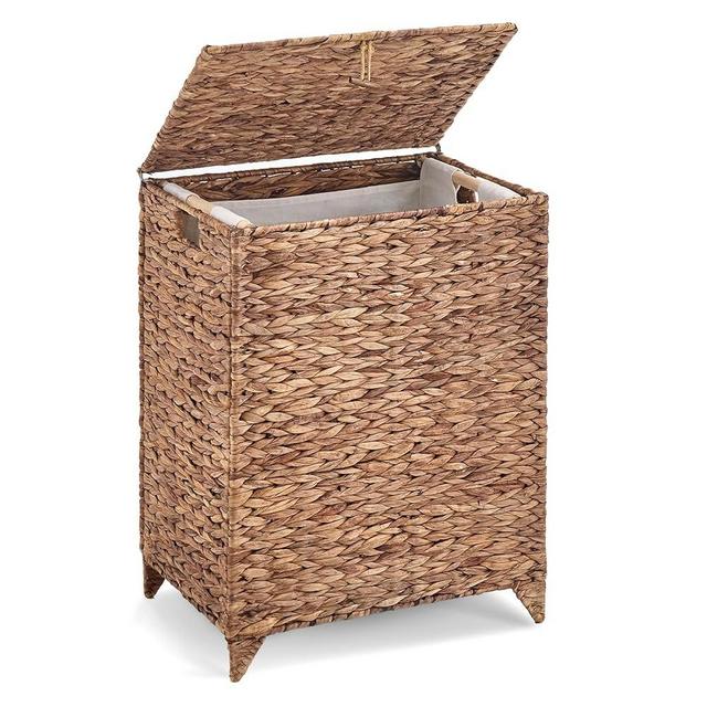 Large Laundry Hamper with Lid, Handwoven Hyacinth Rattan Clothes Hamper with Removable Liner Bag, Heightened Feet Wicker Laundry Basket for Bathroom, Bedroom, Living Room and Laundry