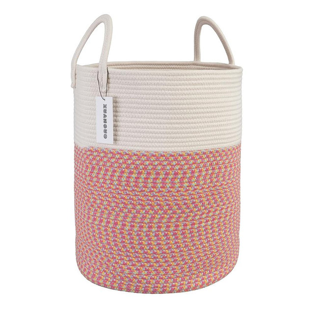 XUANGUO Cotton Rope Laundry Basket Hamper for Clothes Woven Storage Basket for Living Room Bedroom Boho Tall Rope Baskets for Blanket Toys Pillow Towels Baby Nursery Hamper Bin Large (multicolor)