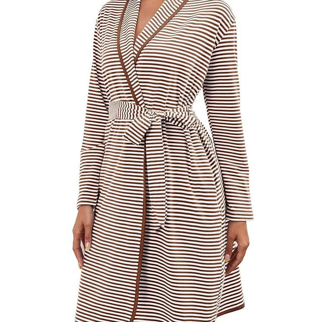 Namatime Cotton Robes for Women Striped Long Sleeve Kimono Bath Robe Lightweight House Coat Bathrobe Loungewear with Pockets