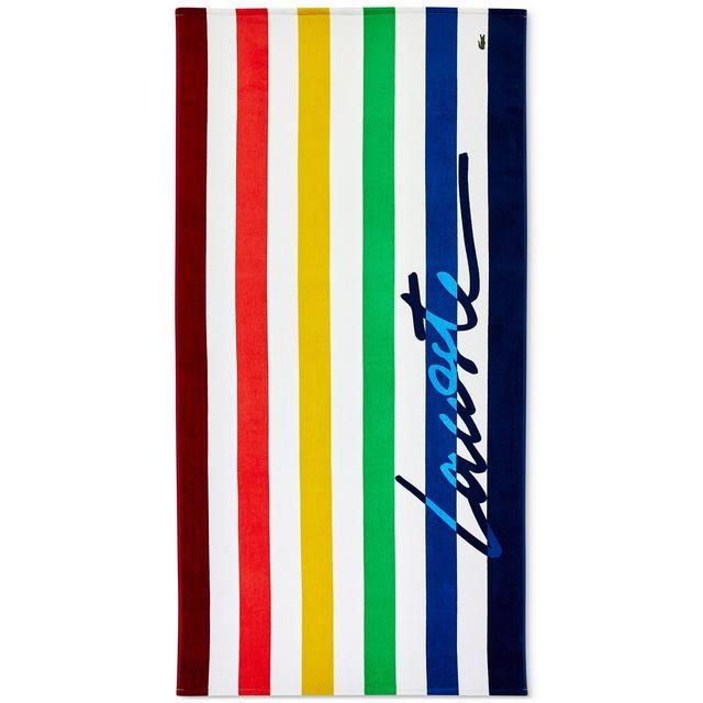 Lacoste Home Script Logo Striped Cotton Beach Towel