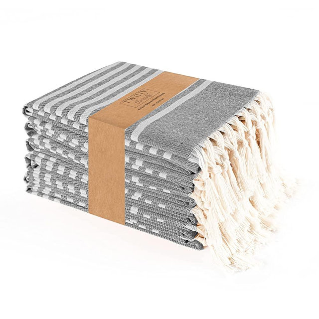 TWINY threads Set of 6 100% Cotton Turkish Kitchen Towels with Hanging Loop & Tassels (18" X 28") | Ultra Absorbent Washcloth with Fringes | Reusable Hand Towels - Black