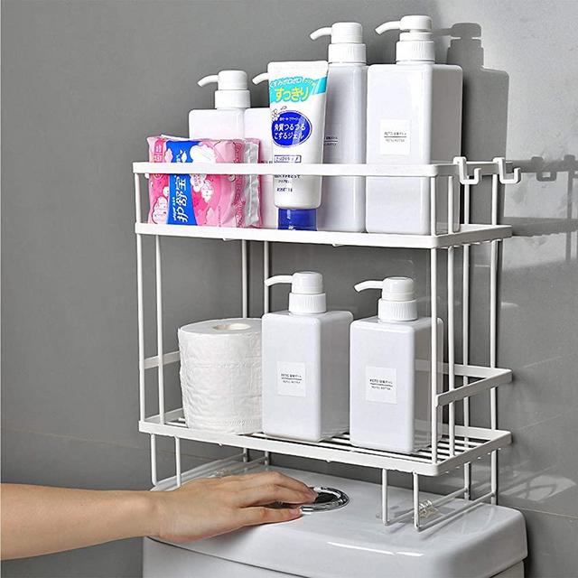 Toilet Storage Rack, 2-Shelf Bathroom Organizer Over-The-Toilet Storage, with Hanging Hook & Adhesive Base ,No Drilling Space Saver with Wall Mounting Design(White)