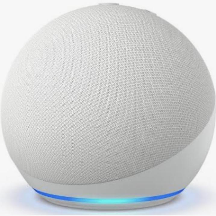 Amazon Echo Dot (5th Gen) with clock | Compact smart speaker with Alexa and enhanced LED display for at-a-glance clock, timers, weather, and more | Glacier White