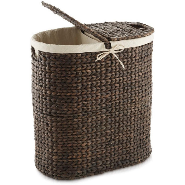 Casafield Brown Espresso 23 in. x 24.25" Wicker Water Hyacinth Decorative Basket 2-Section Oval Laundry Hamper w/ Lids and Liners STO-LAU20-BRN.