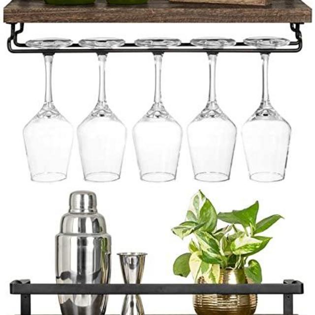 Mkono Wall Mounted Wine Shelves Set of 2 Wood Rustic Wine Bottle Glass Floating Racks with Stemware Hanger Modern Plants Photos Wine Display Storage Holder for Kitchen Dining Room Bar, 17 Inch