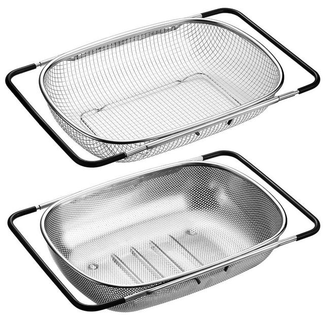 Tioncy 2 Pcs Over The Sink Colander, Stainless Steel Colander with Fine Mesh, Strainer Basket with Expandable Handles(13.4in-21.3in), Pasta Vegetable Food Fruit Drainer for Kitchen