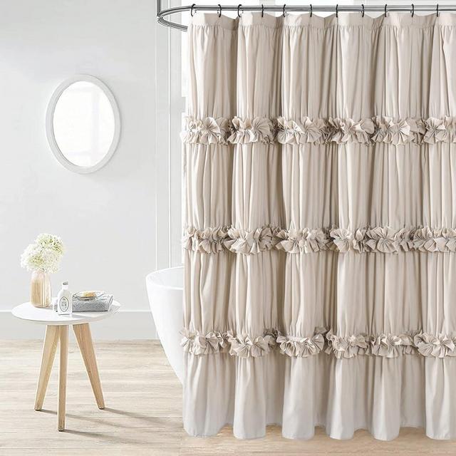 Homechoice Decor Camel Ruffle Shower Curtain, Vintage Handcrafted Bow Tie Bath Curtain for Master Bathroom, Ruched Microfiber Bathroom Curtain with 12 Buttonholes, 72" W x 84" H (LQ-10)