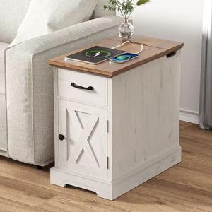 Farmhouse 13.78 in. Rustic White Rectangle Particle Board End Table with Outlets, Adjustable Shelves and Barn Door