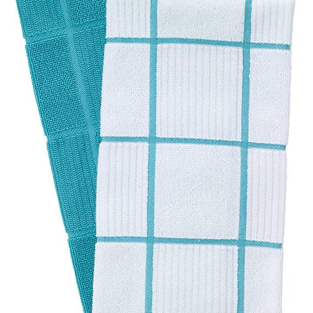 T-Fal Textiles 60967 2-Pack Solid & Check Parquet Design 100-Percent Cotton Kitchen Dish Towel, Breeze, Solid/Check-2 Pack