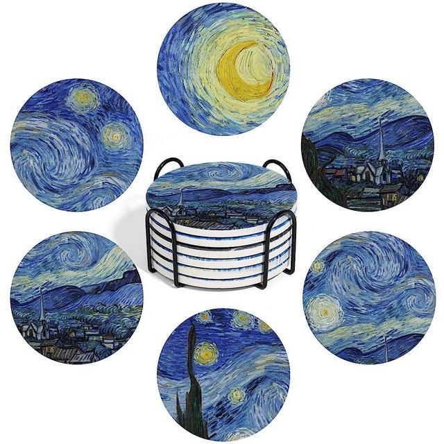 ComSaf Drink Coasters with Holder, Coasters for Drinks-Set of 6, Van Gogh Paintings Art Ceramic Coasters for Coffee Table Gifts Home Decor, Blue，4 Inches