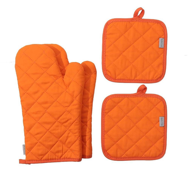 Oven Mitts and Pot Holders 4 pcs Set,High Heat Resistant 500 Degree Extra Thicken Long Kitchen Cotton Oven Glove for Cooking (12 Inch,Orange)…