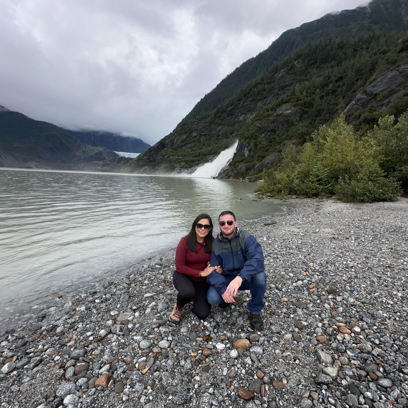The Nugget Falls and the Mendenhall Glacier behind us on our trip to Alaska!