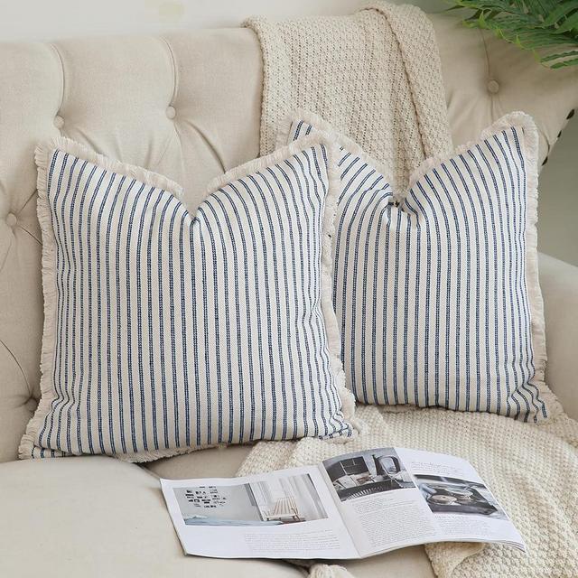 Hckot Throw Pillow Covers 22x22 Set of 2 Striped Pillow Covers with Fringe Chic Cotton Decorative Pillows Square Cushion Covers for Sofa Couch Bed Living Room Farmhouse Decor,Navy Blue