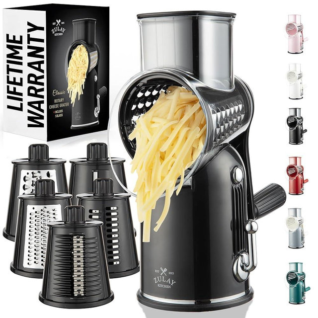 Zulay Kitchen Rotary Cheese Grater 5 Blade Cheese Shredder - Manual Hand Crank Cheese Grater With Reinforced Suction & 5 Interchangeable Drums - Easy to Use, Vegetable Chopper Round Mandoline Slicer