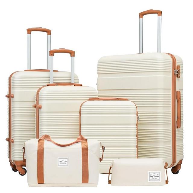 LONG VACATION Luggage Set 4 Piece ABS Hardshell Suitcase with TSA Lock Spinner Wheels Lightweight Carry on Luggage (6 piece set, WHITE-BROWN)