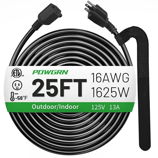 25 FT 16/3 Black Indoor Outdoor Extension Cord Waterproof, 3 Prong Flexblie SJTW Cold Weatherproof -50°C Appliance Extension Cord 13 AMP 1625W 16AWG Heavy Duty Electric Cord, POWGRN ETL Listed