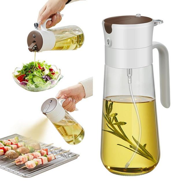 hoforife Glass Olive Oil Dispenser Bottle & Oil Sprayer Bottle 2 In 1 for Kitchen Cooking, Auto Flip Cap, 18oz White