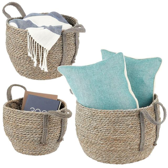 mDesign Round Woven Braided Rope Seagrass Home Storage Baskets, Jute Handles - for Organizing Closet, Bedroom, Bathroom, Living Room, Entryway, Office - Bins in Different Sizes - Set of 3 - Grey Wash