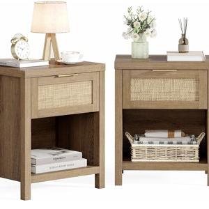 Eclatara Rattan Nightstand Set 2: Boho End Table with Drawer and Storage Shelf, Farmhouse Cane Accent Bedside Night Stands for Bedroom Small Space Sofa (2, Caramel Oak)