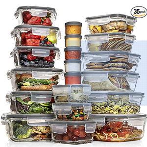 35 Pc Set Glass Food Storage Containers with Lids - Meal Prep Airtight Bento Boxes BPA-Free 100% Leak Proof (15 lids,15 glass & 5 Plastic Sauce/Dip Containers)