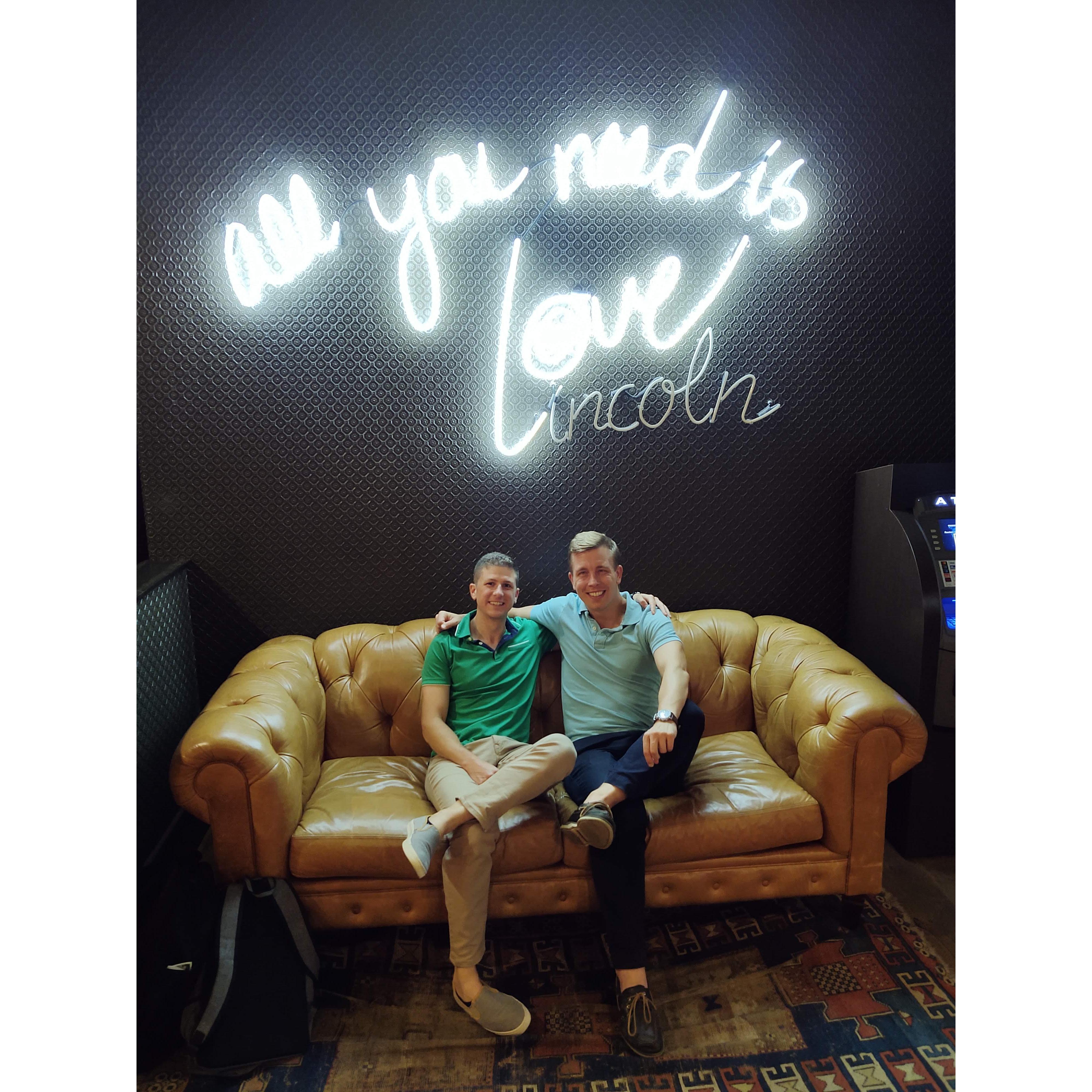 Instagrammable couch in the lobby of Hotel Lincoln, where we met.