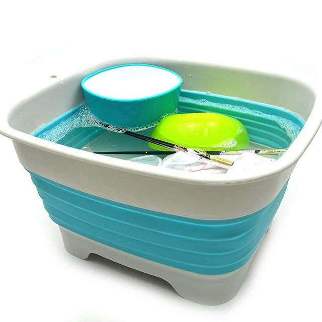 SAMMART 9.1L (2.4Gallon) Collapsible Dishpan with Draining Plug - Foldable Washing Basin - Portable Dish Washing Tub - Space Saving Kitchen Storage Tray (1, Grey/Brigt Blue)
