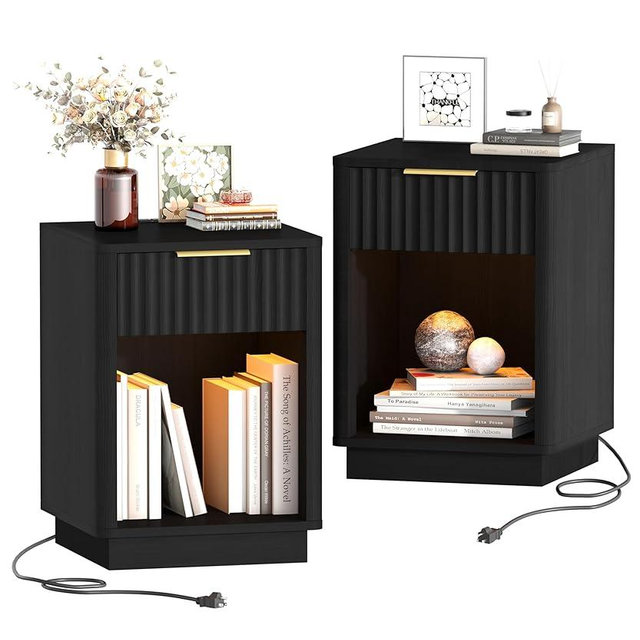 Akxomel Fluted Nightstands Set of 2, Wooden Night Stand with Charging Station and LED Light, Modern Mid Century End Table with Drawer, 15" D x 15.7" W x 22.6" H, for Bedroom, Black