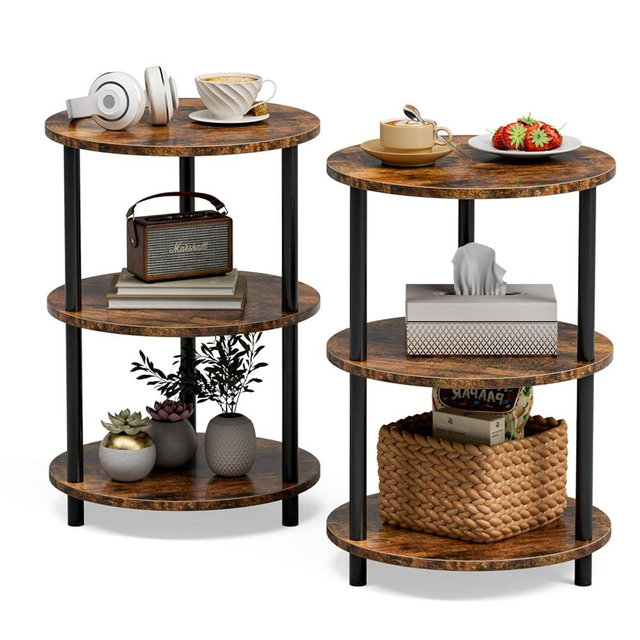 XBurmo Small Round End Table - 3 Tier Design Accent Table, Narrow Side or Bedside Stand, Industrial Vintage Nightstand for Bedroom, Living Room, or Small Spaces, Set of 2, Rustic Brown