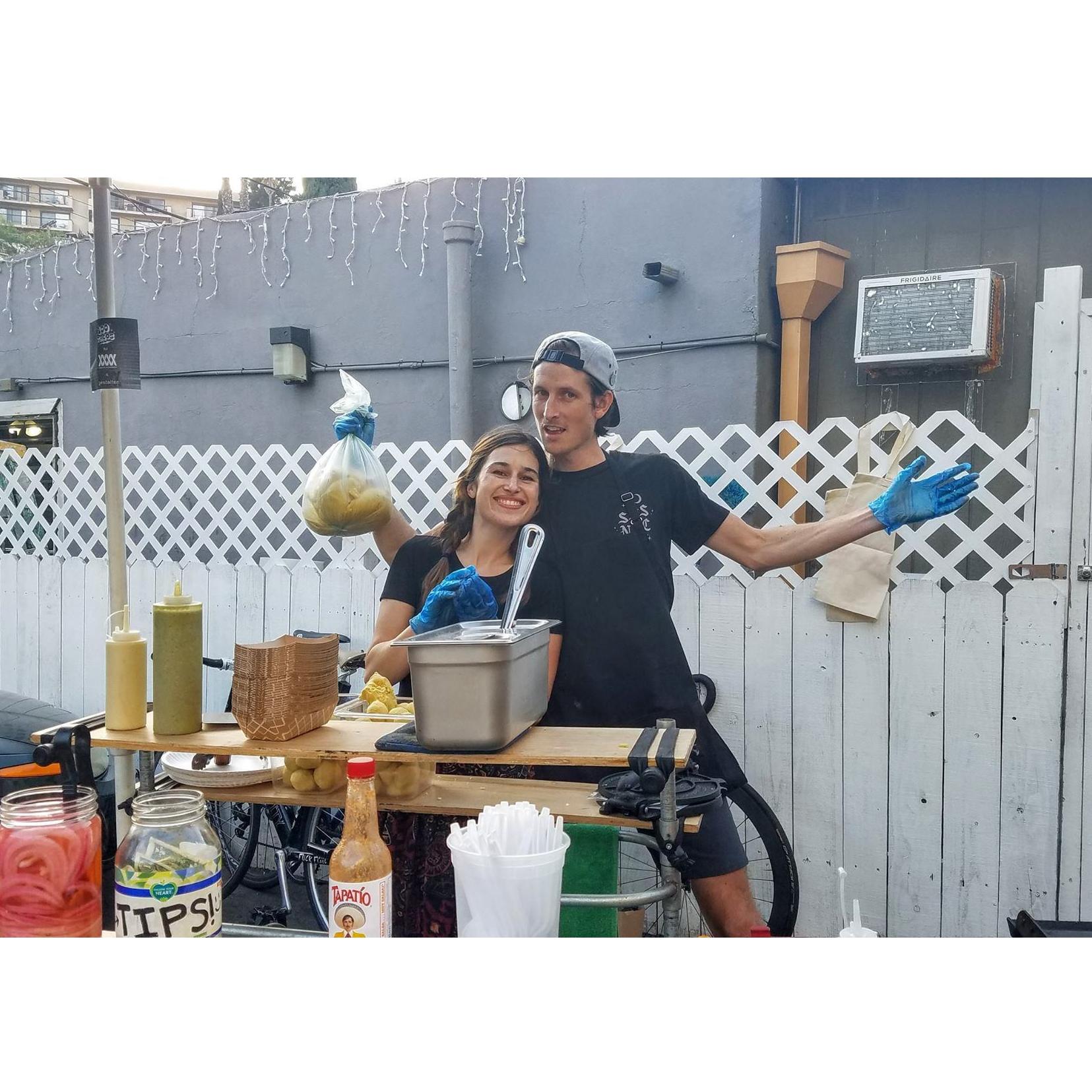 Working a 100 Tacos gig together in 2017.