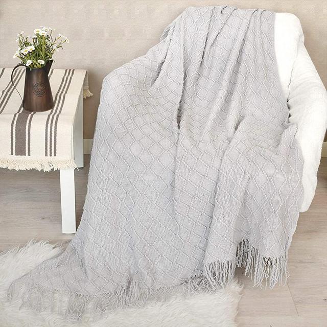 JS HOME Acrylic Fabric Knit Throw Blanket, 50×60 Inch, Ultra Soft, Cozy, Warm Lightweight Blanket with Decorative Tassels for Couch, Sofa, Bed, Travel, Office, Shadow Silver
