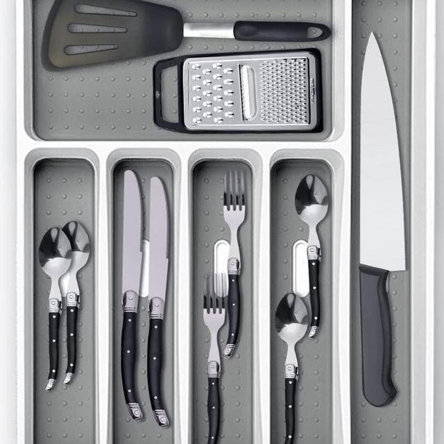 SUJUDE Silverware Drawer Organizer - Non Slip Utensil Tray Narrow, Kitchen Cutlery Tray Drawer Organizers Plastic 6 Compartment Gray Tray