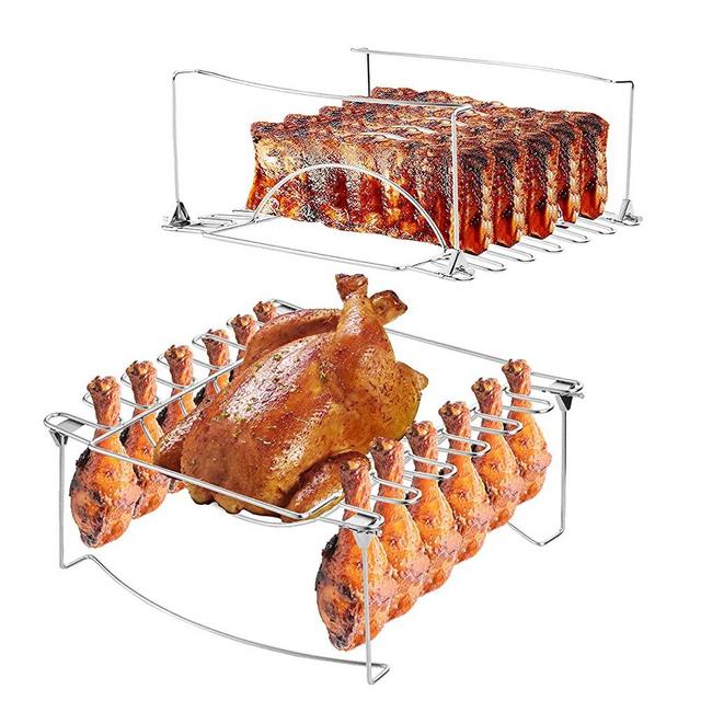 3 in 1 Rib Rack Chicken Leg Rack for Smoking & Grilling - BBQ Rib Rack Stainless Steel - Holds 4 Full Racks of Ribs - Easy to Use and Clean Chicken Racks for Smoking Big Green Egg Masterbuilt Smoker