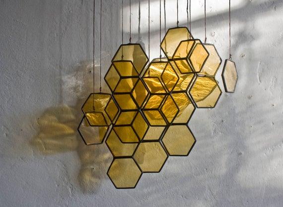 Stained Glass Honeycomb Drops (set of 10) // window hanging, wall art, customizable, suncatcher, glass art, modern stained glass